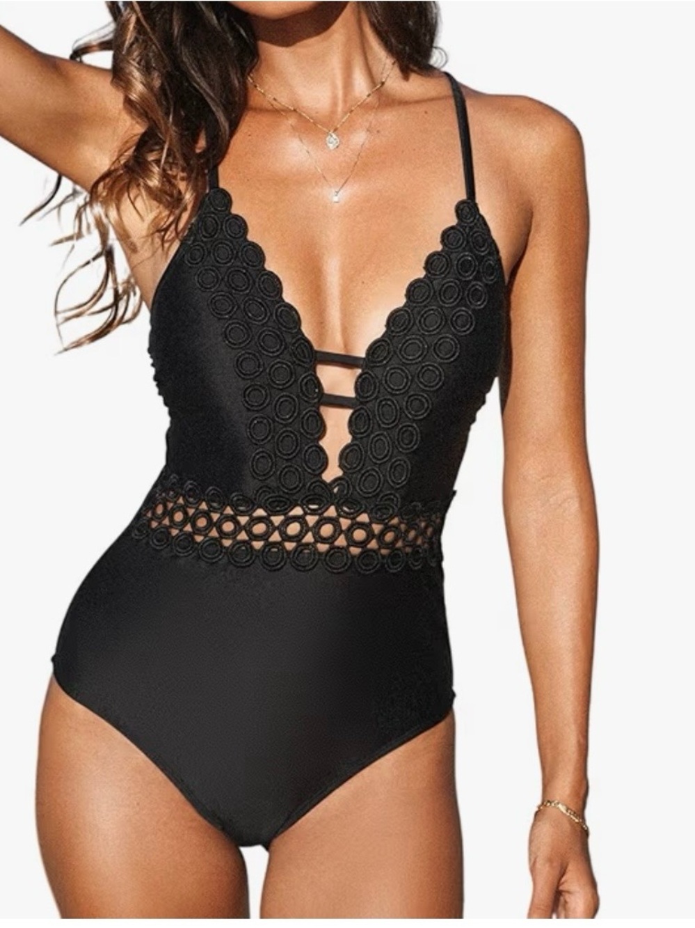 Cupshe Black One Piece Plunge V Neck Lace Scalloped Strappy Crisscross Swimsuit